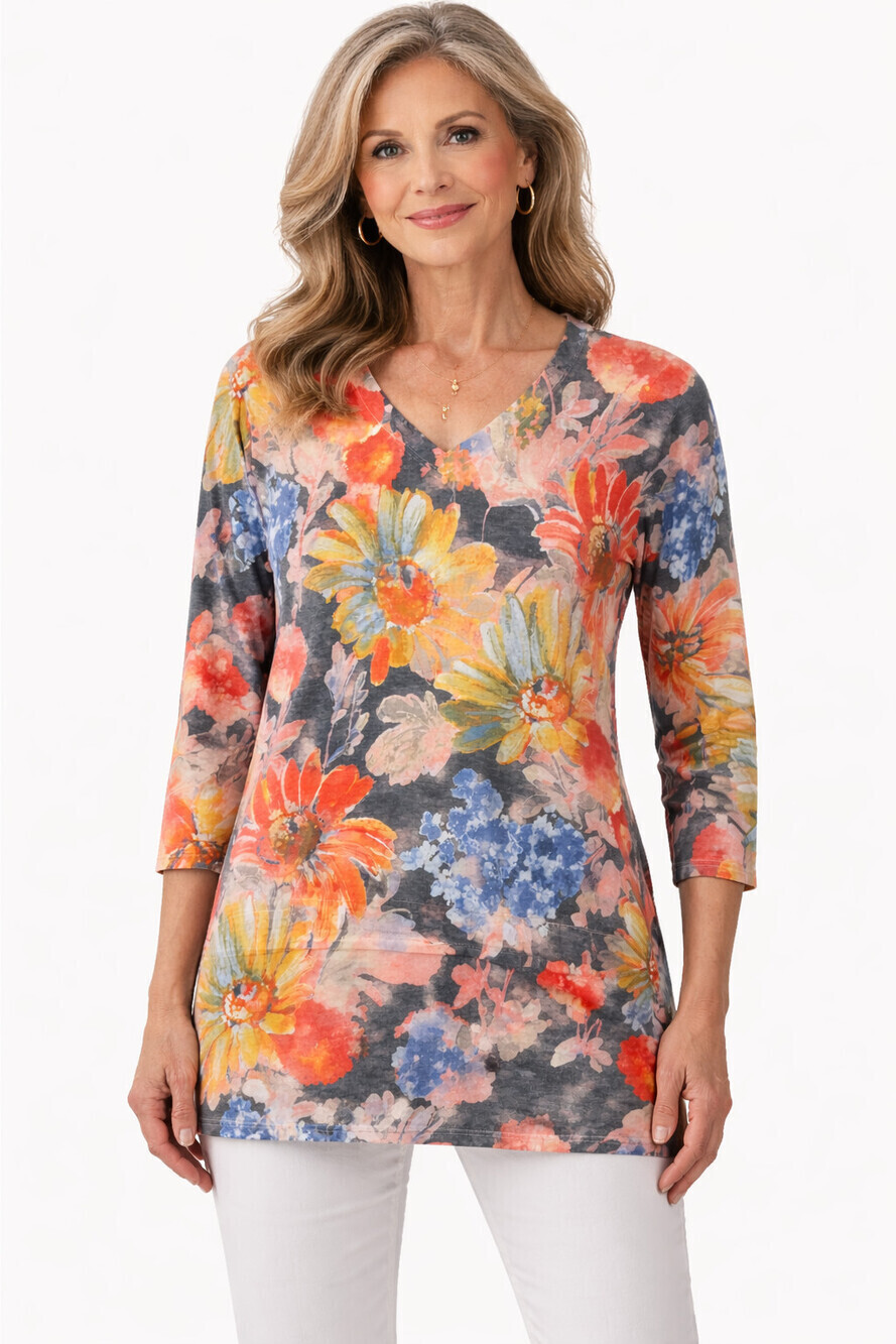 Soft Surroundings Tunic Top Womens Medium Floral Boho Sweater Blouse 3/4 Sleeve